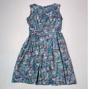Vintage 60's Blue Floral Sleeveless Cotton Dress Sz L 32" w Retro Plus Talon